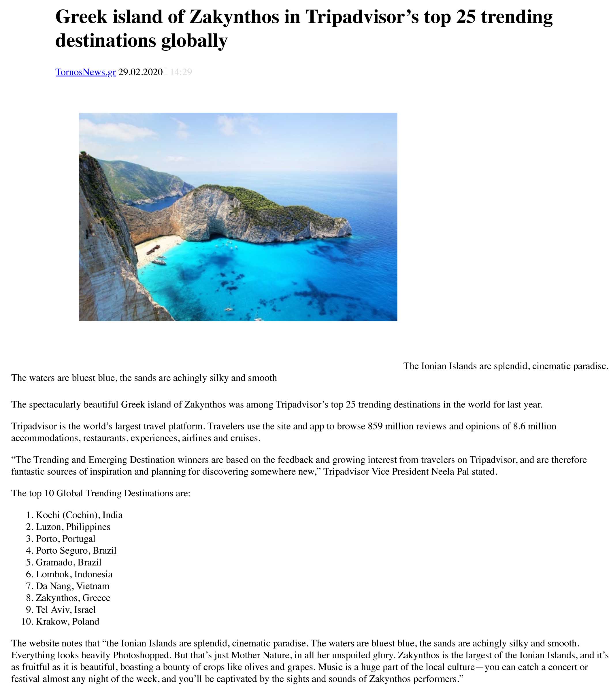 Tornos News | Greek island of Zakynthos in Tripadvisor’s top 2